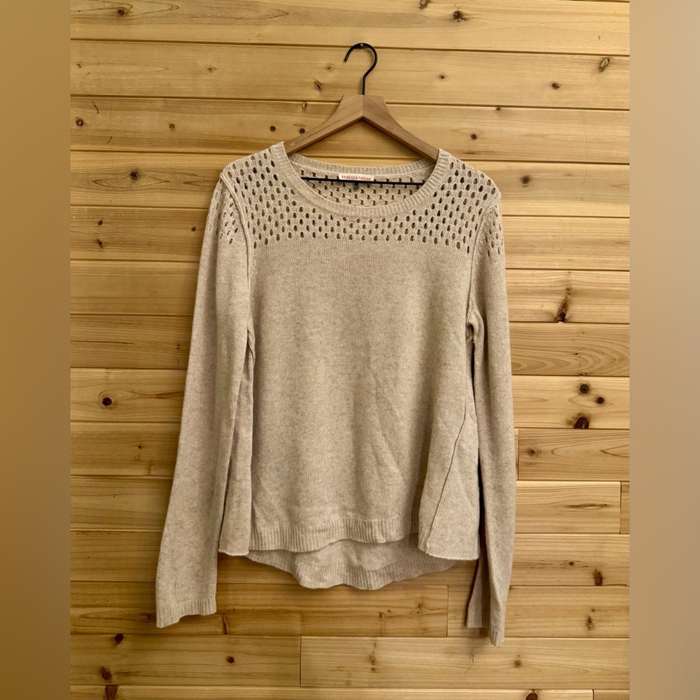 Rebecca Taylor Large Tan Wool Cashmere Blend Crewneck Sweater Cozy Winter Fall